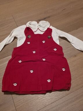 Red Corduroy Santa Overall Dress with Cream Long-Sleeve Top